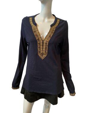 Embroidered Lucky Brand Navy Tunic Top With Gold Beadwork & Long Sleeves